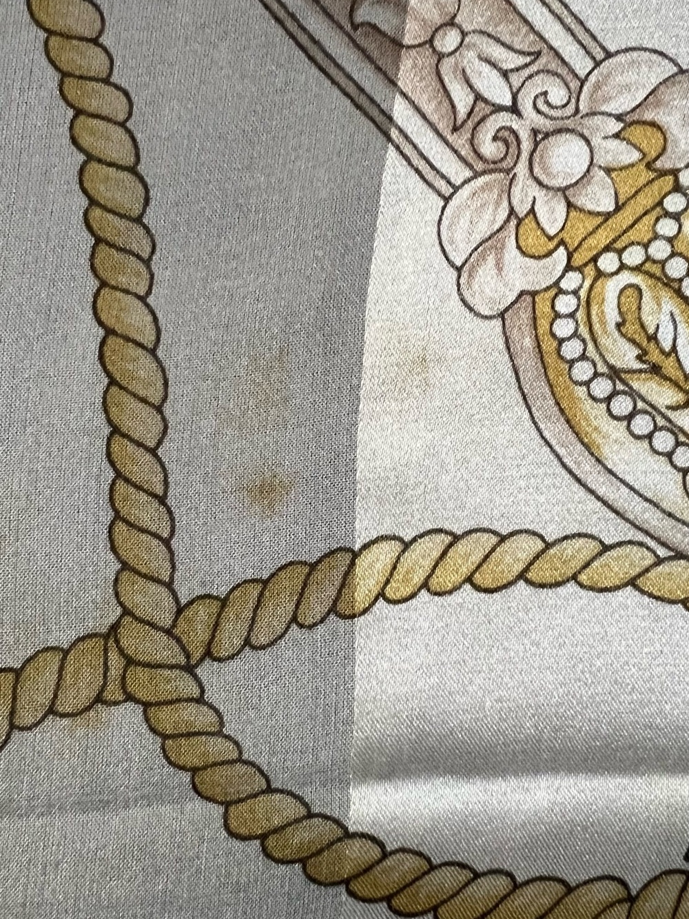 BALENCIAGA Paris Silk Square Scarf 34” Beige Gold Rope Tassel Crest Vintage - Picture 11 of 12